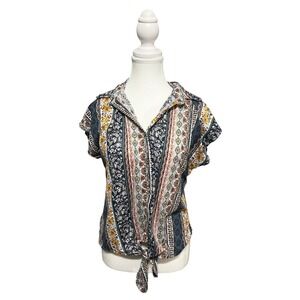 Modern Attraction Tie Front Boho Paisley Colorblock Blouse S